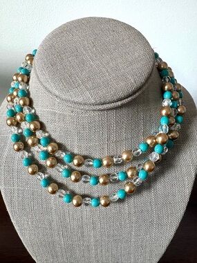 Turquoise, Crystal & Gold Beaded Necklace. 44 inches worn 3 lengths!